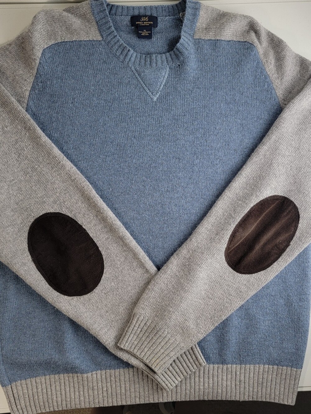 Vtg. Brooks Brothers Lambswool Sweater XL Lt. Blue/Gray W/Elbow Patches Crewneck